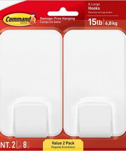 Command 15 Lb XL Heavyweight Wall Hook. Damage Free Hanging Wall Hook with Adhesive Strips. Heavy Duty Single Wall Hook for Hanging Back to School Organizers. 2 White Hooks and 8 Strips